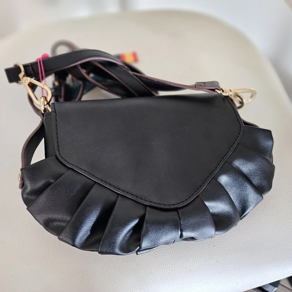 Nikky By Nicole Lee NK12336 Black Ruffle Crossbody Bag Vegan Leather NWT.